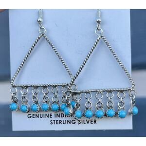 Native American Large Sterling Silver Navajo Turquoise Dangle Earrings Signed